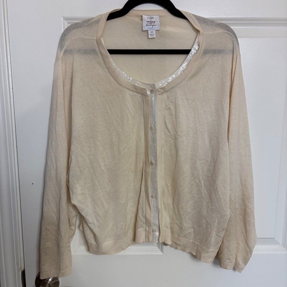 Suzi Chin for Maggy Boutique Cream Silk Cotton Sequin Trim Cardigan Plus Size 3X